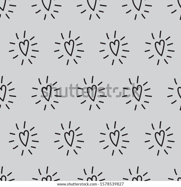 Hand drawn\
hearts with rays cheerful seamless pattern. Hearts and rays girlie\
black at grey background for textile texture, cover paper, books,\
stickers, invitation concept\
design.