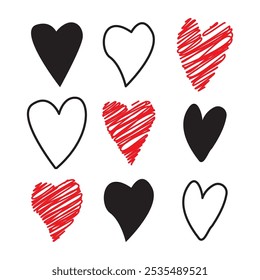 Hand drawn hearts. Red and black hearts. Doodle heart shapes. Simple line sketch.