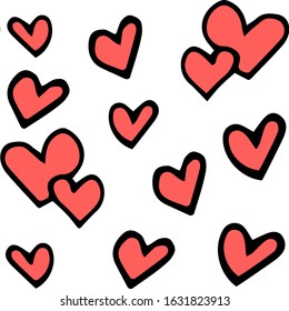 Hand drawn hearts. Red hearts on white background. Symbols of St.Valentines Day. Seamless pattern. Vector illustration.