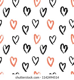 Hand drawn hearts, repeating seamless pattern. Vector illustration.