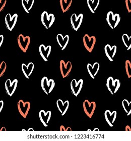 Hand drawn hearts, repeating seamless pattern. Vector illustration.