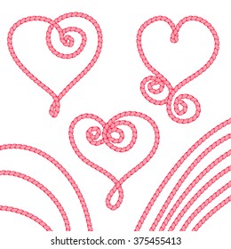 Hand drawn hearts with rope. Greeting Valentines day card. Vector Illustration.