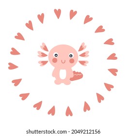 Hand drawn hearts round shape with axolotl. Perfect for poster, textile and prints. Cartoon style vector illustration for decor and design.

