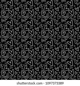 Hand Drawn Hearts Seamless Pattern - White hand drawn hearts on black background