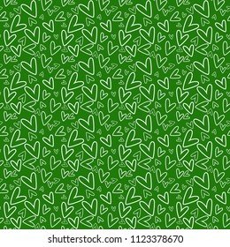 Hand Drawn Hearts Seamless Pattern - White hand drawn hearts on green background