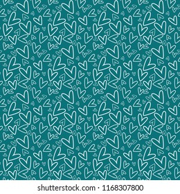Hand Drawn Hearts Seamless Pattern - White hand drawn hearts on teal background