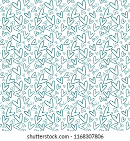 Hand Drawn Hearts Seamless Pattern - Teal hand drawn hearts on white background