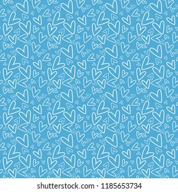 Hand Drawn Hearts Seamless Pattern - White hand drawn hearts on light blue background
