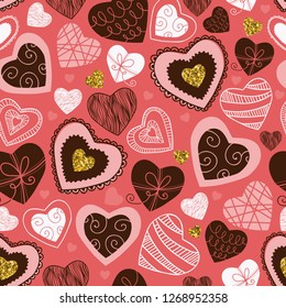 Hand drawn hearts seamless pattern, background. Valentines design vector illustration.