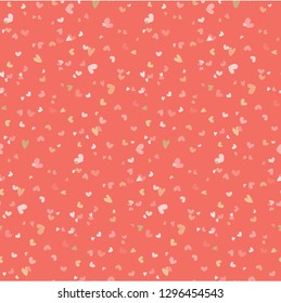 Hand drawn hearts seamless pattern. Simple chaotic pink gold heart shapes on coral background. Flat vector texture. Cute Valentines, Mother's day, birthday card, wallpaper, gift wrap, scrapbook design