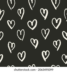 Hand drawn hearts seamless pattern. Cute cartoon stylized simple shapes. Perfect for gift card, wallpaper, wrapping paper and package print, fabric and any surface design. Black and white