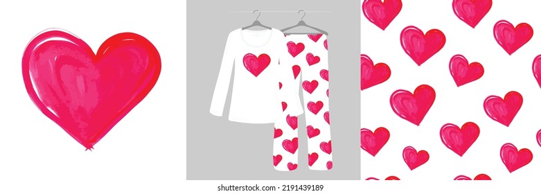 Hand drawn hearts seamless pattern. Women's pajamas. Watercolor. Vector illustration.