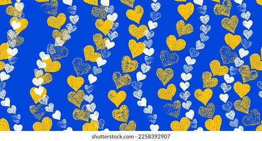 Hand drawn hearts seamless pattern in yellow and blue. Stock vector endless background.
