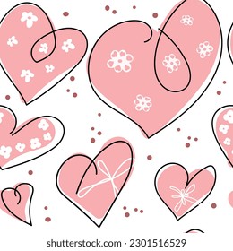 Hand drawn hearts seamless pattern. Continuous line drawing of a heart, black and white vector minimalist love concept illustration. Doodl.