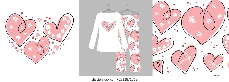 Hand drawn hearts seamless pattern. Women's pajamas. Continuous line drawing of a heart. Doodl. Vector illustration.