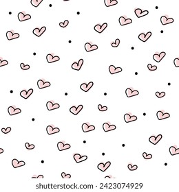 Hand drawn hearts seamless pattern. Continuous line drawing of a heart, black and white vector minimalist love concept illustration. Doodl.
