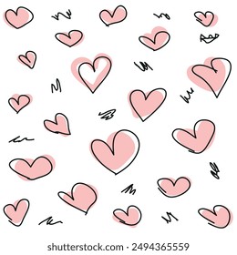 Hand drawn hearts seamless pattern. Continuous line drawing of a heart, black and white vector minimalist love concept illustration. Doodl.