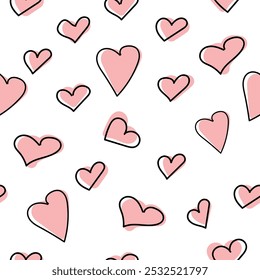 Hand drawn hearts seamless pattern. Continuous line drawing of a heart, black and white vector minimalist love concept illustration. Doodl.
