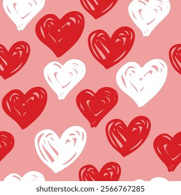 Hand drawn hearts seamless pattern. Continuous line drawing of a heart, black and white vector minimalist love concept illustration. Doodl.