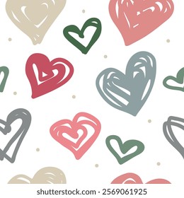 Hand drawn hearts seamless pattern. Continuous line drawing of a heart, black and white vector minimalist love concept illustration. Doodl.
