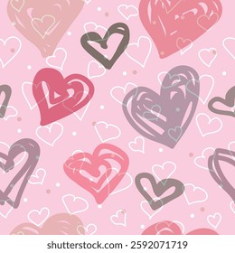 Hand drawn hearts seamless pattern. Continuous line drawing of a heart, black and white vector minimalist love concept illustration. Doodl.