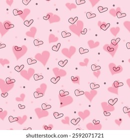 Hand drawn hearts seamless pattern. Continuous line drawing of a heart, black and white vector minimalist love concept illustration. Doodl.