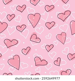 Hand drawn hearts seamless pattern. Continuous line drawing of a heart, black and white vector minimalist love concept illustration. Doodl.
