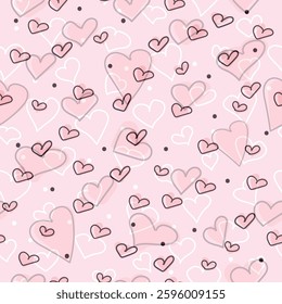 Hand drawn hearts seamless pattern. Continuous line drawing of a heart, black and white vector minimalist love concept illustration. Doodl.