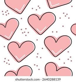 Hand drawn hearts seamless pattern. Continuous line drawing of a heart, black and white vector minimalist love concept illustration. Doodl.