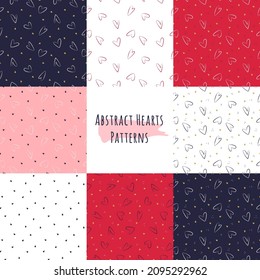Hand Drawn Hearts Seamless Patterns Set. Doodle Style. Collection of abstract ornaments for background, wrapping paper, Wedding and Valentine’s day greeting and invitation cards design and decoration