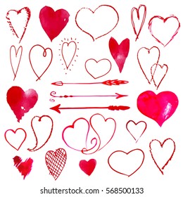 Hand drawn hearts set with arrows for Valentine's Day. Watercolor hearts.  Isolated vector illustration on white background.