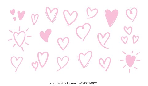 Hand drawn hearts set. Collection of different pink hearts illustration, white background