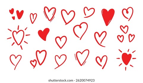 Hand drawn hearts set. Collection of different red hearts illustration, white background