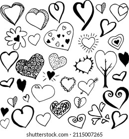 Hand drawn hearts set. Design elements for Valentine's day. Collection of doodle sketch hearts hand drawn. 