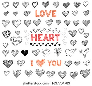 Hand drawn hearts set. Doodle design elements for Valentine's day, february 14, wedding. Collection of Love symbol. Lettering : I love you, Heart, Love.