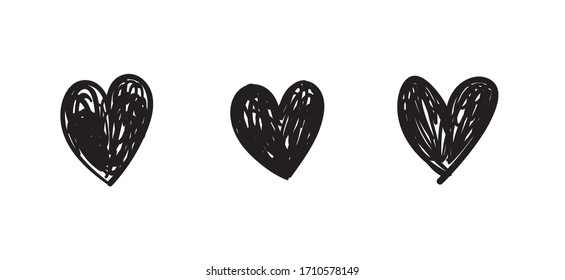 La mano atrajo corazones. Conjunto de ilustraciones del corazón del doodle. Símbolos de amor esbozados.