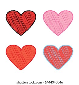 Hand drawn hearts set with four colorful scribbled ink hearts in black and red, light pink, warm red, and red and teal blue colors vector illustration element design isolated on a white background