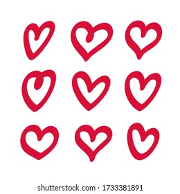 Los corazones dibujados a mano se aíslan sobre fondo blanco. Los vectores adoran los elementos de diseño del corazón. Objetos Clipart para la decoración.