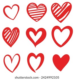 Hand drawn hearts set isolated on white background.