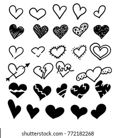 Hand drawn hearts set isolated. Design elements for Valentine's day. Collection of doodle sketch hearts hand drawn with ink. Vector illustration 10 EPS.