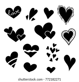 Hand drawn hearts set isolated. Design elements for Valentine's day. Collection of doodle sketch hearts hand drawn with ink. Vector illustration 10 EPS.