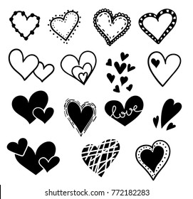 Hand drawn hearts set isolated. Design elements for Valentine's day. Collection of doodle sketch hearts hand drawn with ink. Vector illustration 10 EPS.