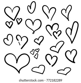 Hand drawn hearts set isolated. Design elements for Valentine's day. Collection of doodle sketch hearts hand drawn with ink. Vector illustration 10 EPS.