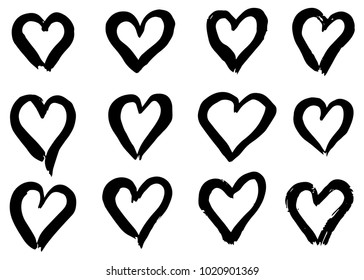Hand drawn hearts set. Love symbol with dry brush painting, isolated.