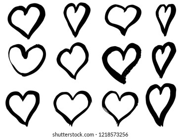 Hand drawn hearts set. Love symbol with dry brush painting. Grunge vector brush strokes 