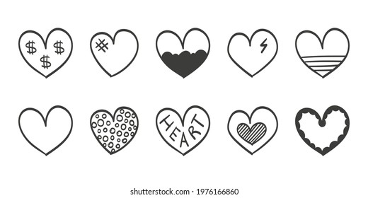 Hand drawn hearts. Set of hand drawn hearts on a white background. Vector illustration