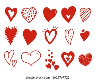 Hand drawn hearts set. Red doodle heart elements for poster, wallpaper and card for Valentine's day. 