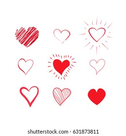 hand drawn hearts set. red heart icons. love symbols. vector design elements