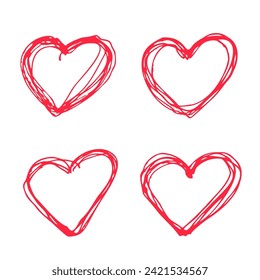 Hand drawn hearts set romantic decoration for Valentine Day.Symbol of love,relationships and romance for holiday February 14. Children's drawing,doodle freehand decoration.Isolated.Vector ilustration