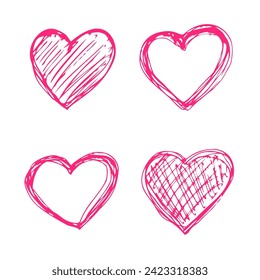 Hand drawn hearts set romantic decoration for Valentine Day.Symbol of love,relationships and romance for holiday February 14. Children's drawing,doodle freehand decoration.Isolated.Vector ilustration